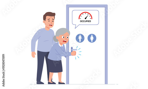 Elderly woman and man urgently waiting for an occupied public toilet