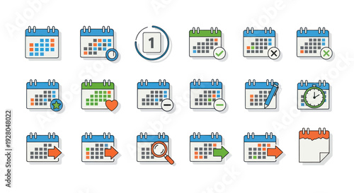Collection of Modern Calendar Icons with Various Functions and Status Indicators.