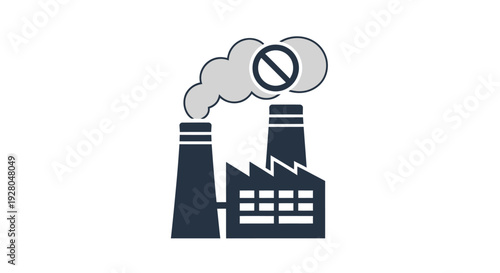 No Pollution Icon: Factory with Smoke and Prohibition Sign.