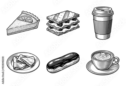 Vintage hand drawn engraving style collection of cafe beverages and sweet pastries featuring coffee and assorted desserts