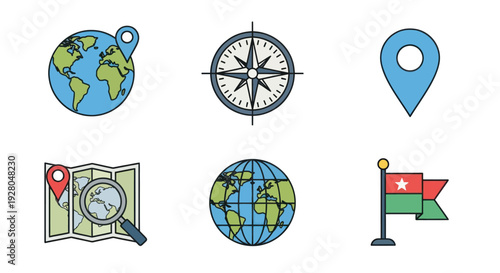 Travel and Navigation Icons: Globe Compass Map Location Pin and Flag.