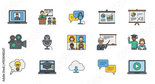 Colorful E-learning and Online Education Icons Set.