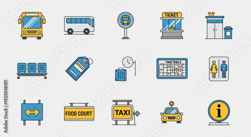 Public Transportation and Travel Icons: Bus Taxi Signage and Amenities.