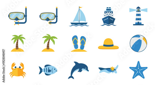 Collection of Flat Design Summer Beach and Sea Vacation Icons.