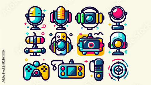 A collection of vibrant colorful icons representing gaming gear, podcast microphones, cameras, and multimedia equipment in a modern flat design style