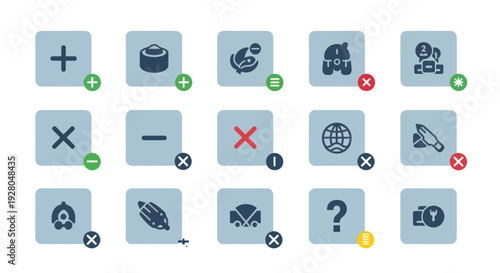 Collection of Blue Square Icons with Various Symbols and Status Indicators.