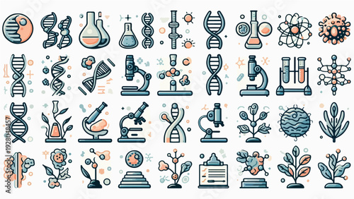 A collection of science laboratory and genetic research icon illustrations in a flat design style for microbiology, biotechnology, and education concepts