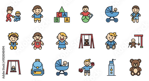 Collection of colorful cartoon icons representing children toys and baby gear.