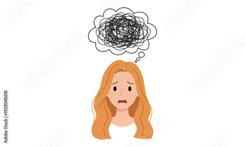 Anxious Woman with Confused Thoughts in a Speech Bubble