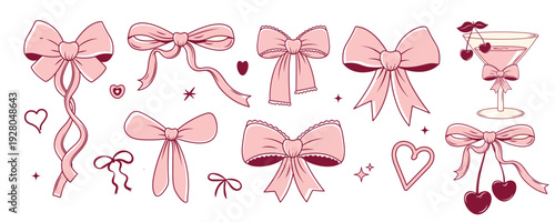 Hand drawn coquette pink cocktail martini with bow, cherry. Set hand drawn coquette pink bow, ribbon, heart. Cute girly design for Valentines day, wedding, birthday, party, branding. Vintage illustra
