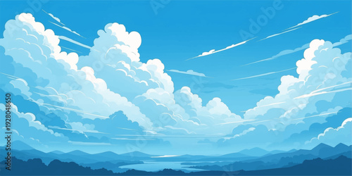 Snow covered mountains and clouds under a bright blue sky create a beautiful mountain landscape where sunlight touches the horizon and clear air fills the sunny summer atmosphere