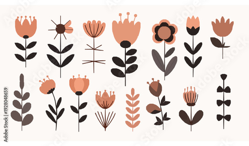 Creative primitive floral elements bundle with abstract flowers and stylized leaves vector