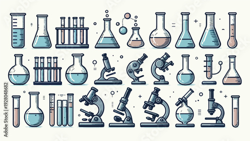 Scientific laboratory equipment icon set featuring chemistry beakers, test tubes, and microscopes in a stylized flat vector design