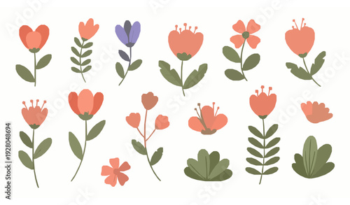Modern abstract flowers vector set with whimsical naive botanical floral elements