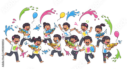 Energetic Kids Splashing Holi Colors