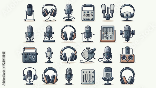 Professional audio and podcast equipment icon set featuring microphones and headphones in a clean vintage aesthetic