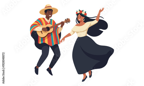 Latin Folk Dancers Performing with Guitar and Flower Crown