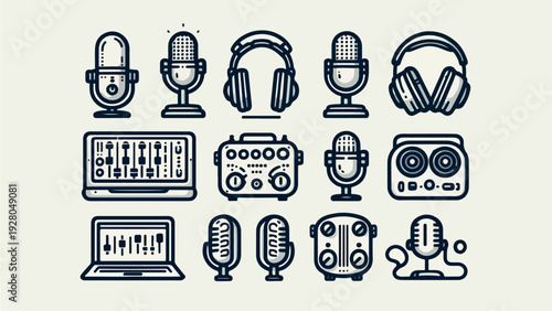 Professional podcast and audio recording equipment icon set featuring microphones, headphones, laptops, and sound mixers in a clean line art style.