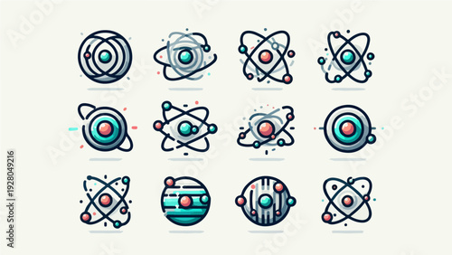 Collection of stylized atom icons and molecular structure symbols with a modern tech aesthetic isolated on a light background.