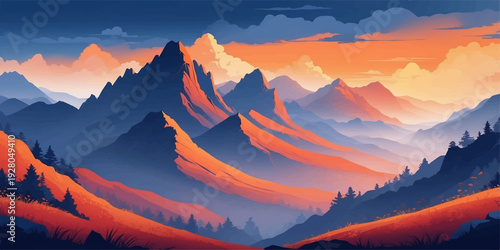 Beautiful sunrise and sunset view over high mountain peaks and snow valley in a morning nature landscape scenery with clouds and sun