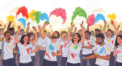 Holi Festival Joyful Crowd Colorful Powder