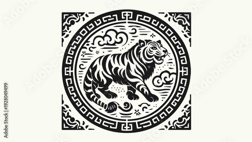 black and white Chinese zodiac style tiger image