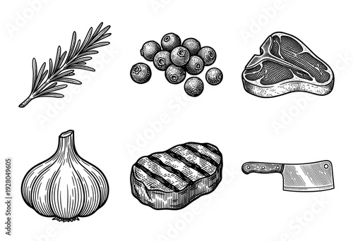 Vintage hand drawn engraving style collection of meat products and seasoning including t-bone steak grilled beef garlic rosemary and peppercorns