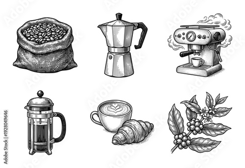 Vintage monochrome coffee culture illustration set featuring a moka pot espresso machine french press beans croissant and botanical coffee branch in woodcut style.