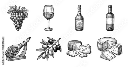 Vintage woodcut style collection of Mediterranean food and wine including grapes, cheese, olives, and cured ham.