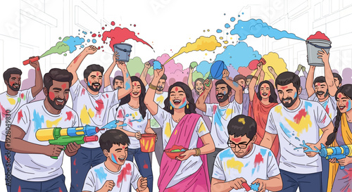 Joyful Diverse Crowd Celebrating Holi Colors