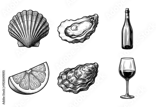Set of hand drawn monochrome illustrations featuring oysters, scallop shell, lemon wedge, wine bottle and glass in a vintage engraving style.