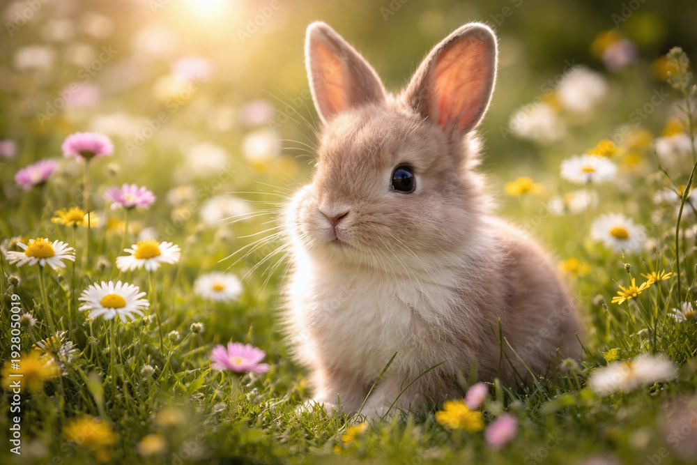 Fototapeta premium Adorable fluffy bunny rabbit sitting in a field of wildflowers during golden hour