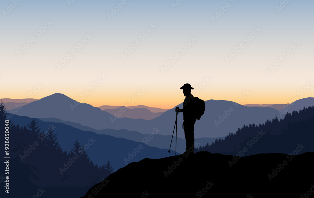 Naklejka premium Vector realistic landscape with silhouettes of mountains, hills, trees and male hiker enjoying the view and sunrise sky