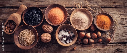 Variety of spices and nuts in wooden bowls on rustic table