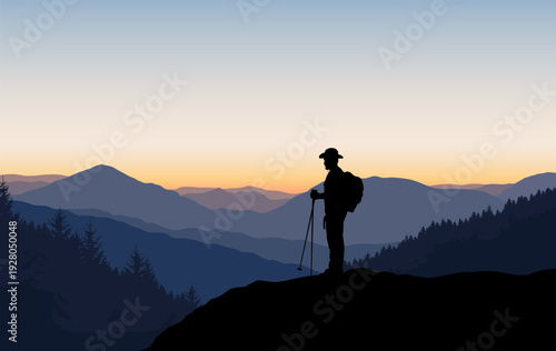 Vector realistic landscape with silhouettes of mountains, hills, trees and male hiker enjoying the view and sunrise sky