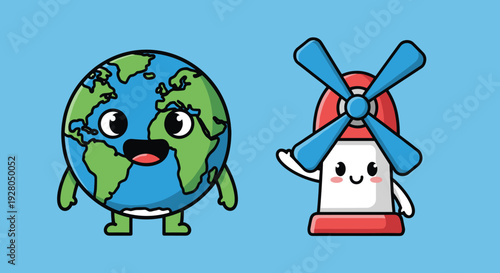 Cartoon Earth and Windmill Characters Together.