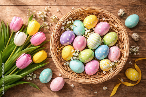 Colorful Easter eggs in a basket with tulips and baby's breath on a wooden table