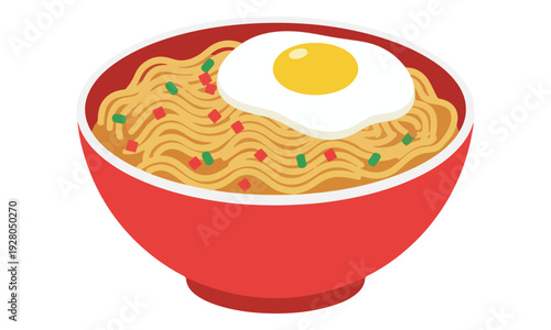 Bowl of Instant Noodles with Fried Egg Vector Illustration