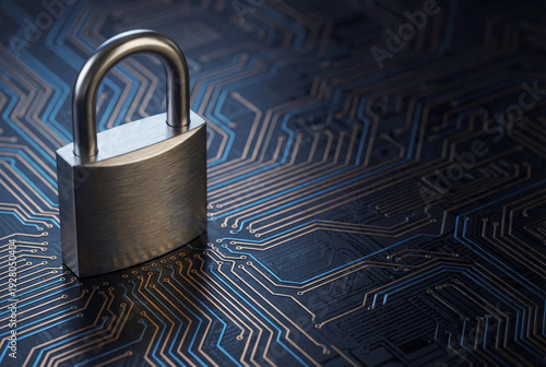 Wallpaper Mural Cybersecurity concept: metallic padlock on dark circuit pattern background Torontodigital.ca