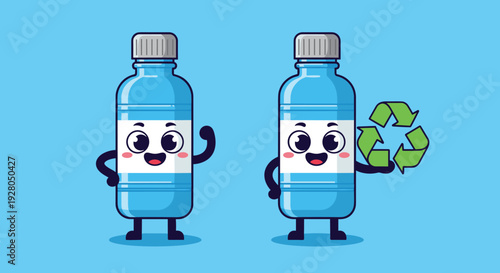Cartoon Plastic Bottles with Smiling Faces and Recycling.