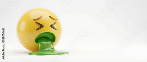 3D Render of a Nauseated Vomit Emoji Symbolizing Sickness and Discomfort on a White Background