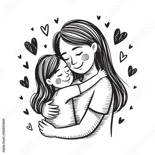 A heartwarming illustration depicts a mother and daughter sharing a tender embrace surrounded by floating hearts