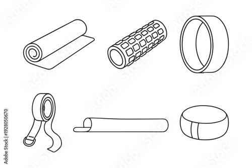 Professional Outline Yoga Accessories Illustration – Yoga Mat, Foam Roller, Yoga Wheel, Strap, Block & Meditation Pillow –Editable Stroke, Scalable High-Resolution Graphic