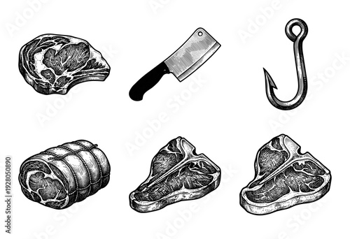 Vintage woodcut illustration collection of butcher meat cuts including ribeye, t-bone steaks, rolled roast, cleaver, and meat hook.