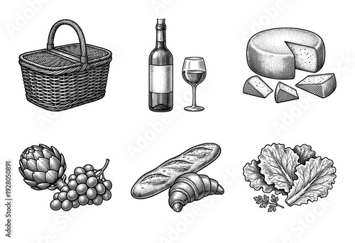 Vintage engraving style picnic and food collection featuring a wicker basket, wine, cheese, baguette, grapes, artichoke, and fresh leafy greens