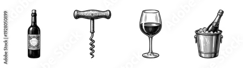 Vintage style woodcut illustration of wine bottle corkscrew glass and champagne chilling in ice bucket set