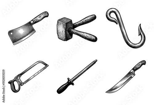 Vintage woodcut style collection of professional butcher tools including cleaver meat tenderizer and sharpening steel