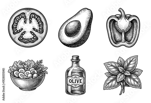 Vintage engraving style collection of healthy Mediterranean food ingredients featuring tomato avocado pepper salad olive oil and basil leaves