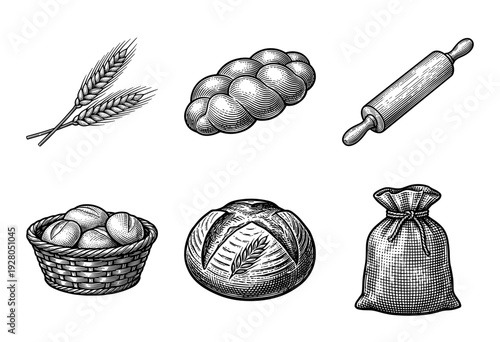 Vintage engraving style bakery collection featuring wheat stalks, braided bread, rolling pin, bread basket, rustic loaf, and flour sack.