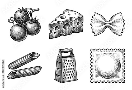 Vintage woodcut style collection of italian pasta ingredients including tomatoes cheese grater and various noodle shapes